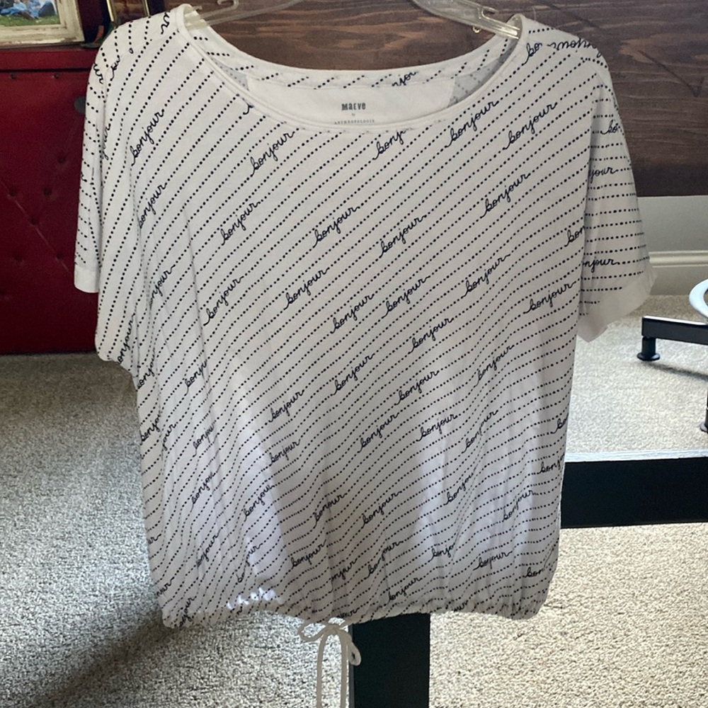 Maeve by Anthropologie summer short sleeved shirt, bonjour!